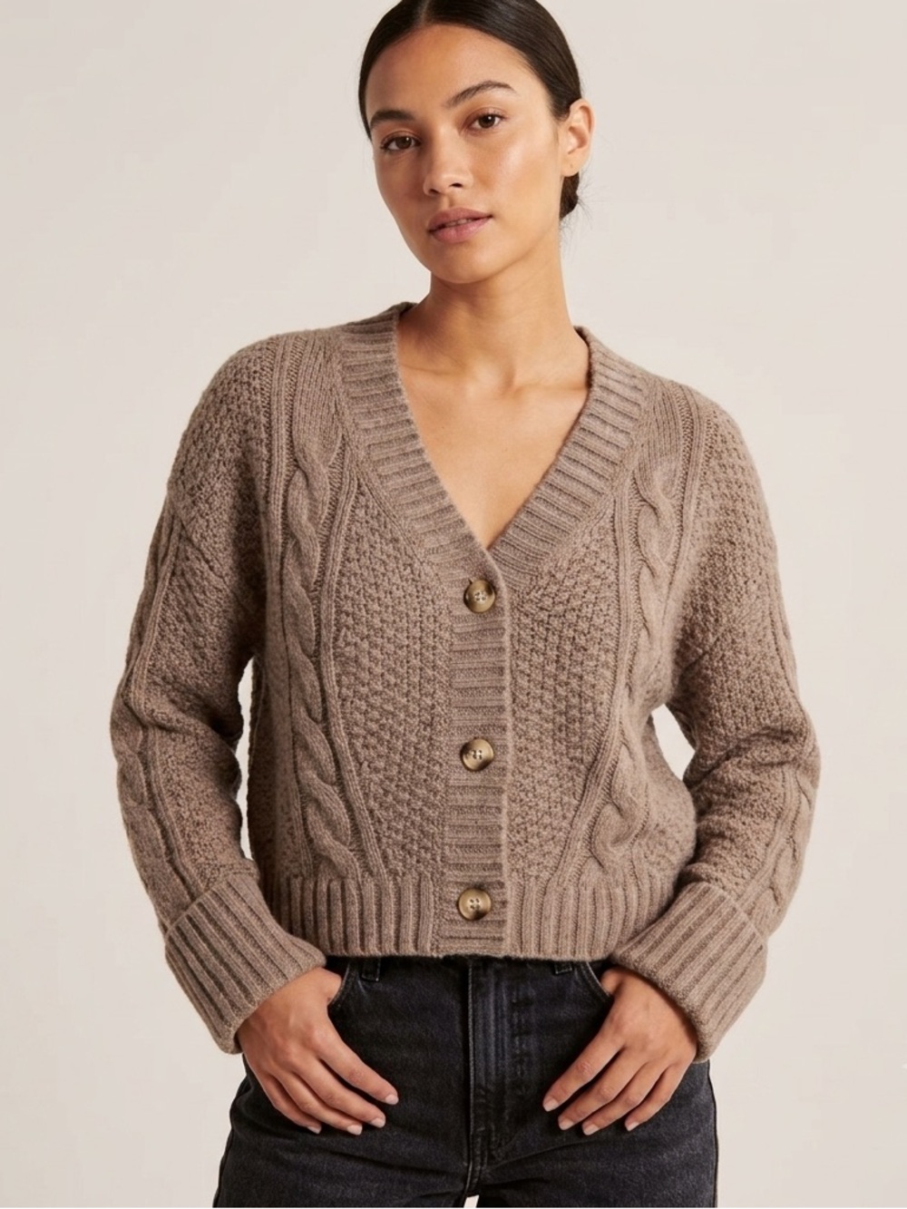 Abercrombie & Fitch Cable Knit Cardigan Sweater Womens XS Taupe Chunky Boxy